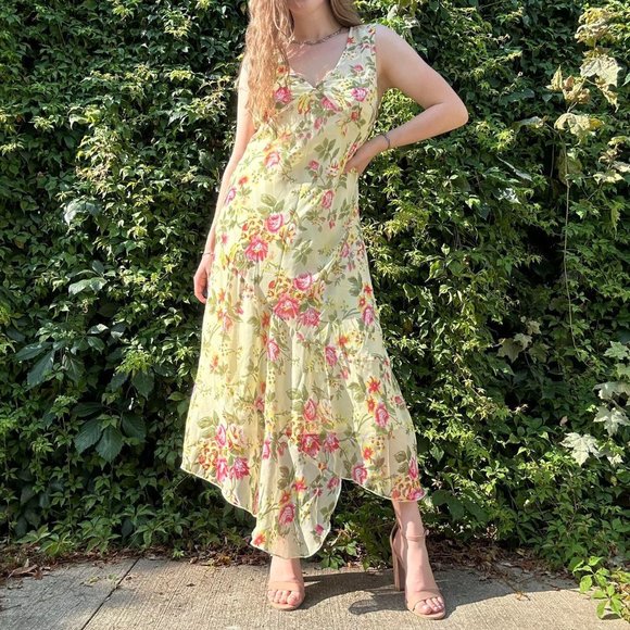 Vintage 90s yellow and pink asymmetrical floral maxi dress comes with the slip - Picture 1 of 8